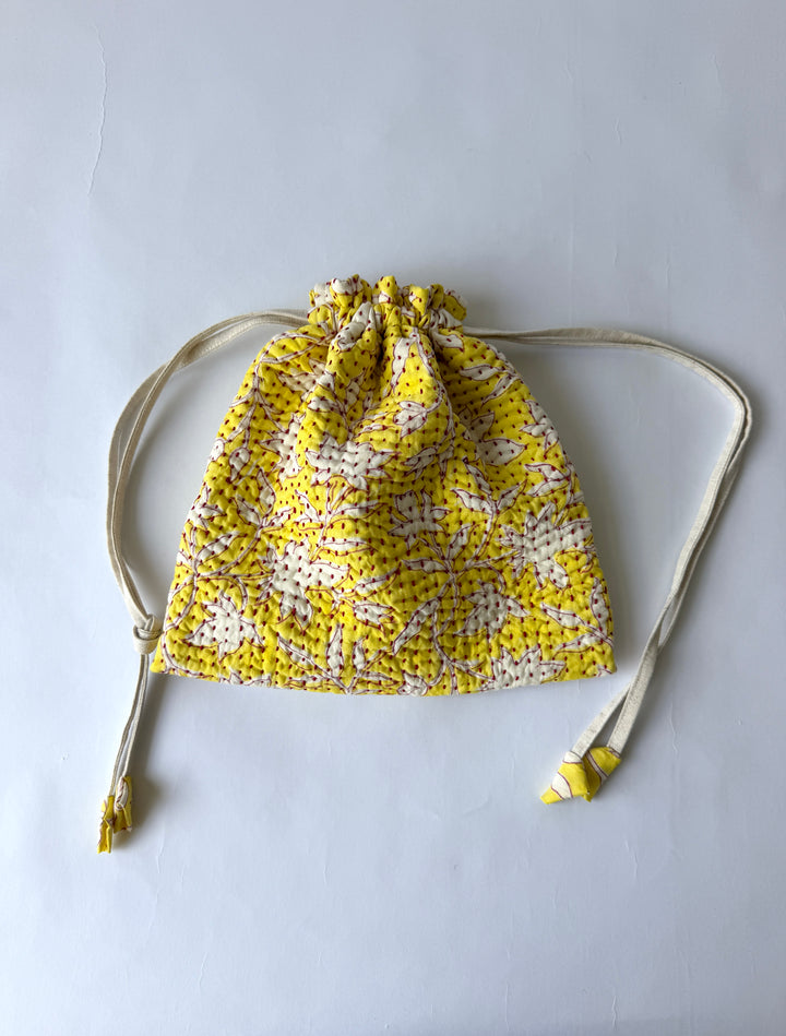 ブロックプリント刺し子巾着  Botanical - Red Stitch