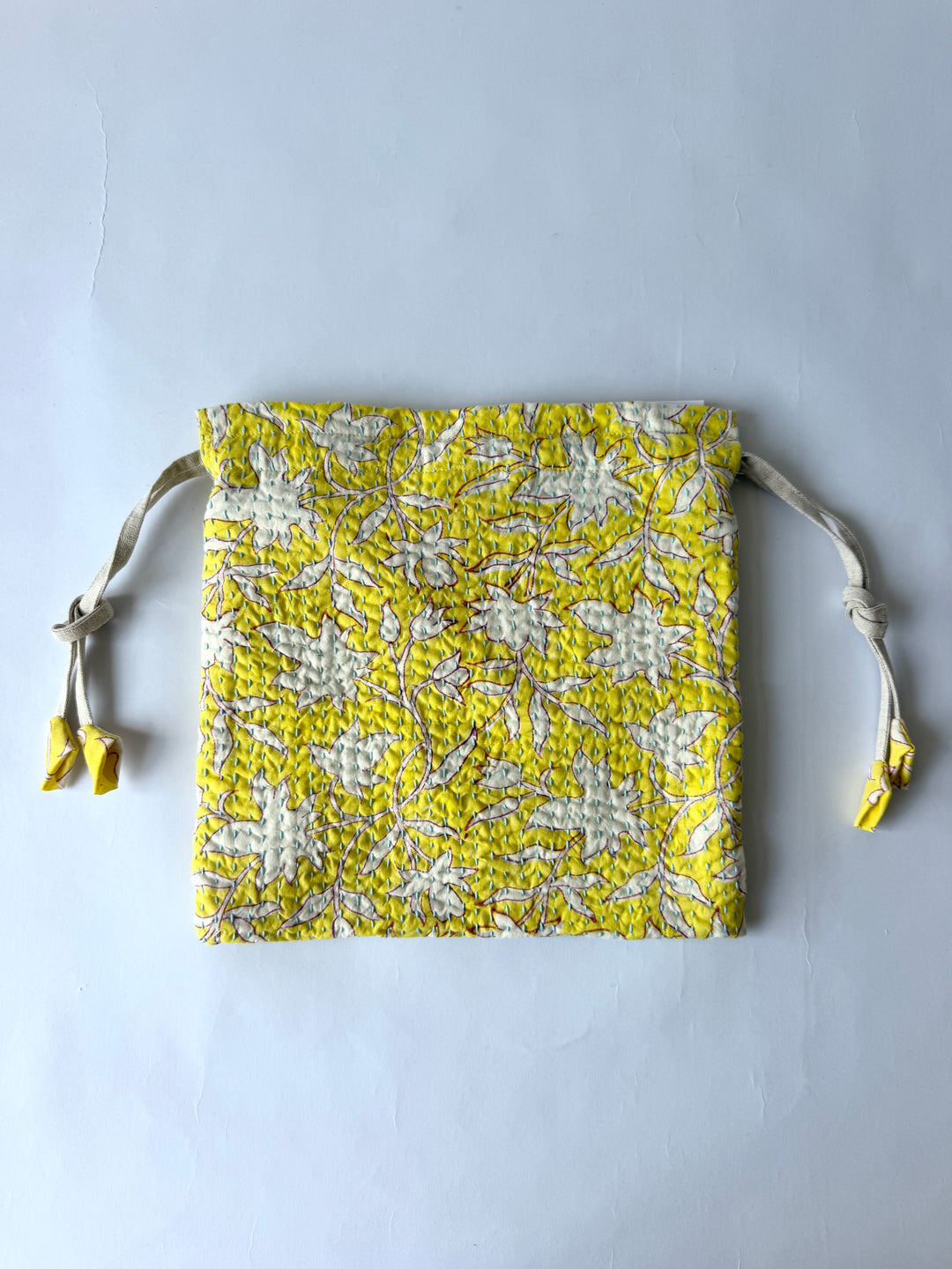 ブロックプリント刺し子巾着  Botanical - Light Blue Stitch