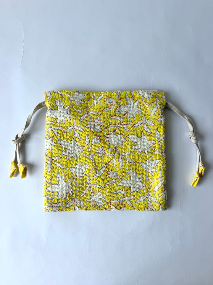 ブロックプリント刺し子巾着  Botanical - Light Blue Stitch