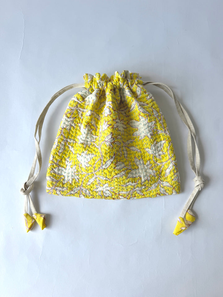 ブロックプリント刺し子巾着  Botanical - Light Blue Stitch