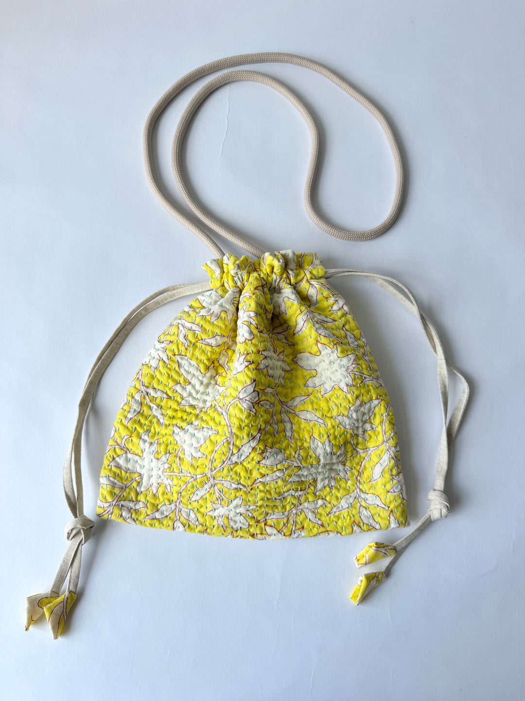 ブロックプリント刺し子巾着  Botanical - Light Blue Stitch